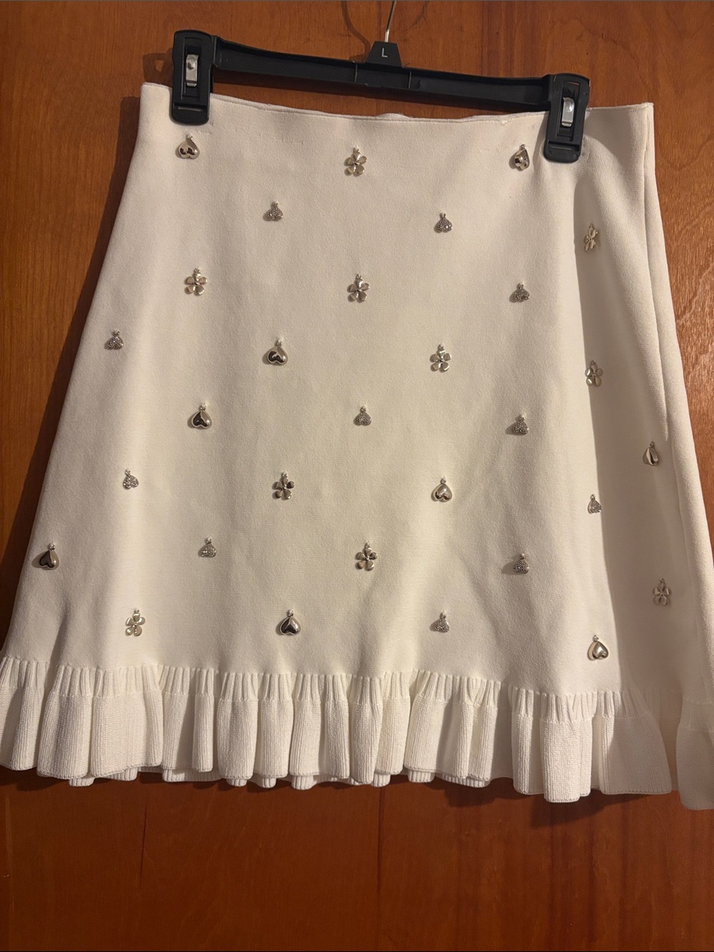 Sandro Cream Pencil Skirt with Metallic Heart & Flower Embellishments